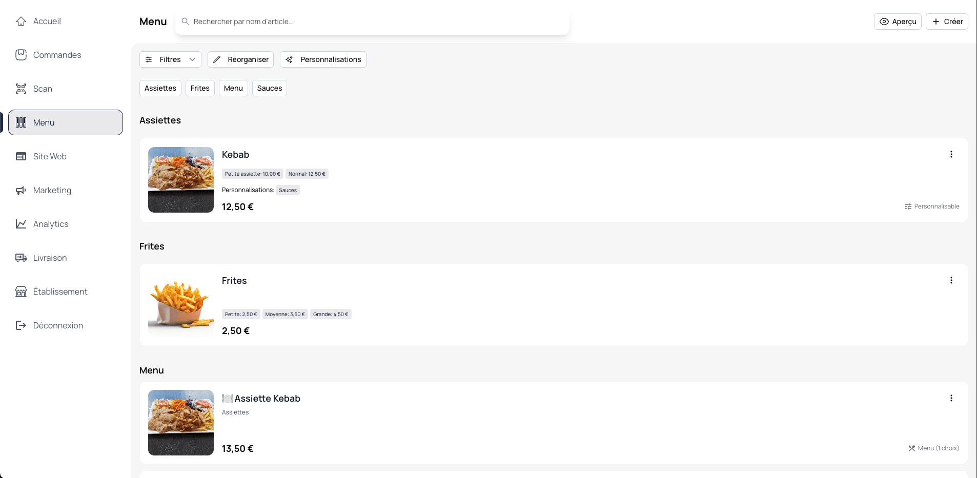 Gestion du menu — catégories, plats, photos et options de personnalisation