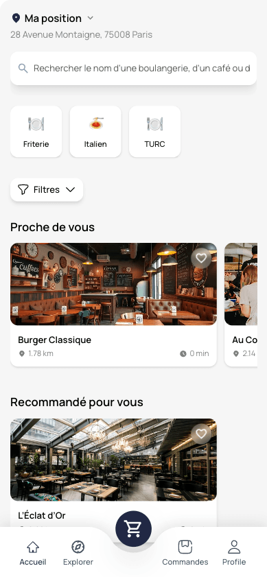 App client — recherche de restaurants, catégories et établissements à proximité
