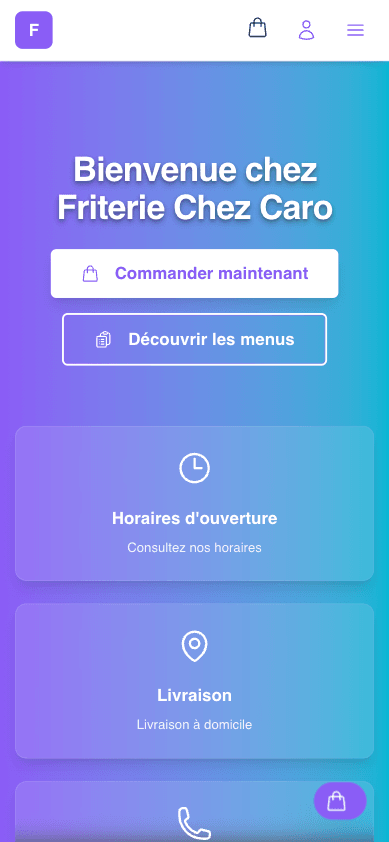 Site marque blanche — page d'accueil mobile personnalisée aux couleurs du restaurant